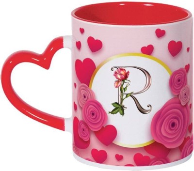 MM9E R Letter , Couple , Lover , Heart Handle , Red Letter R Alphabet Best Gift for Friends Who's Name Start With R , R Black Rose , Heart Shap Special Birthday Gift for Girlfriend Ceramic Coffee Mug(330 ml)