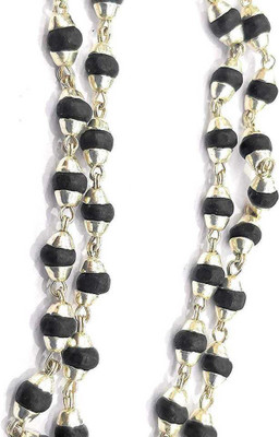 Cyan spritual Black Tulsi Mala Bead with Silver Cap Alloy Necklace 68 Beads Wood Chain Sterling Silver Plated Brass Chain