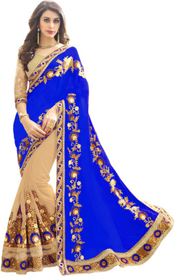 Trijal Fab Embroidered Fashion Silk Blend Saree(Blue)