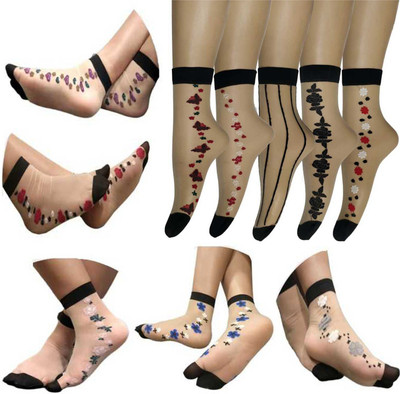 HF LUMEN Thin Transparent Net Fine Nylon Side Flower Socks Combo (5 With Thumb + 5 Without Thumb) For Women Floral Print Ankle Length(Pack of 10)