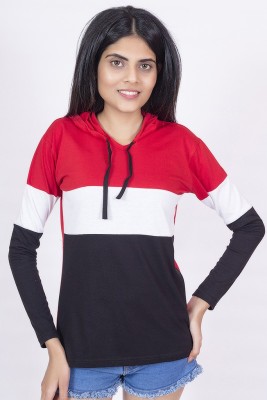 Shopping Santa Colorblock Women Hooded Neck Red, Black, White T-Shirt