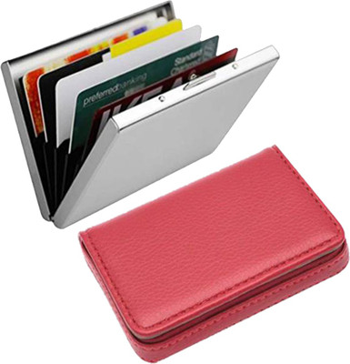 StealODeal RedLeather With Silver Debit/Credit Metal| 15 Card Holder(Set of 2, Silver, Red)