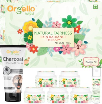 orgello Herbal Facial Kit combo - Herbal Facial Kit (5 x 50 g + 10 g Serum) for Glowing Skin + Charcoal Peel off Mask Face Pack for Blackheads (1 x 100 ml) for men women girls boys normal oily dry skin sls paraben mineral oil free(7 Items in the set)