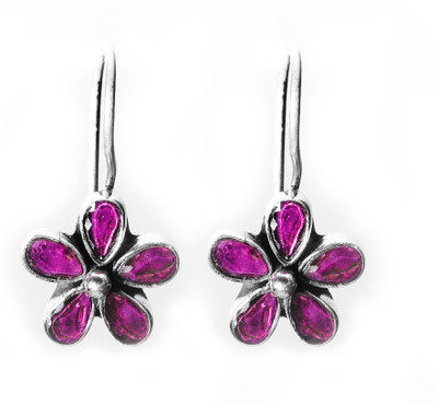 jsaj 925 Sterling RUBY STONE FLOWER EAR RING Hanging Dangler for Girls and Womens Ruby Sterling Silver Drops & Danglers