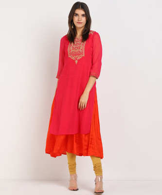 RANGRITI Women Embroidered Straight Kurta(Pink)