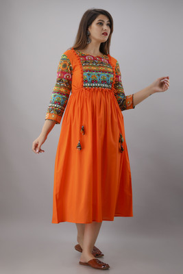 Mahageeta Women Printed A-line Kurta(Orange)