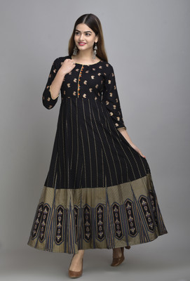 PRISCA Women Printed Flared Kurta(Black)