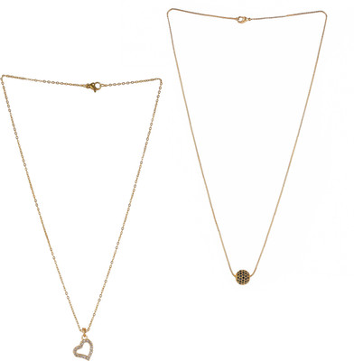 3SIX5 Brado Jewellery Gold Plated Black American Diamond And One Love Heart Pendant With Satari Chain Combo Of 2 Necklace Golden Chain Pendant for Women and Girls. Gold-plated Plated Brass Chain