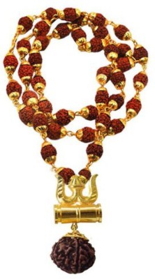 Cyan spritual Damru Locket With Puchmukhi Rudraksha Cap Mala Gold-plated Plated Brass, Wood Chain Set