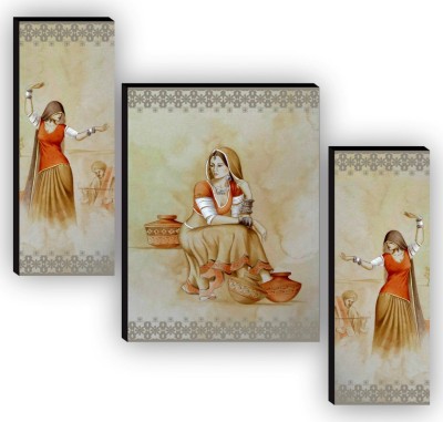 saf Set of 3 Dancing Traditional Rajasthani Ladies Home Decorative Gift Item Self Adeshive UV Textured Digital Reprint 12 inch x 9 inch Painting(Without Frame, Pack of 3)