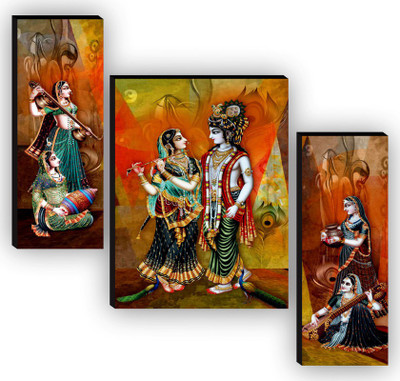 saf Set of 3 Radha Krishna UV textured High Quality MDF Self Adeshive Digital Reprint 12 inch x 9 inch Painting(Without Frame, Pack of 3)