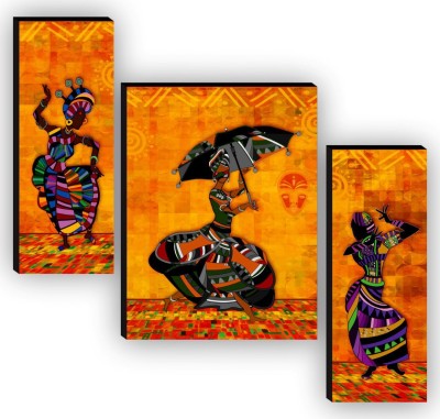 saf Set of 3 Traditional Dance Home Decorative Gift Item Self Adeshive UV Textured Digital Reprint 12 inch x 9 inch Painting(Without Frame, Pack of 3)