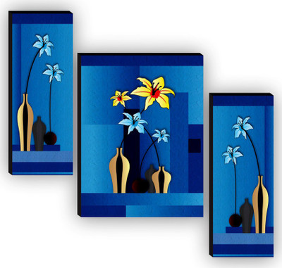 saf Set of 3 Flower Pot UV textured High Quality MDF Self Adeshive Digital Reprint 12 inch x 9 inch Painting(Without Frame, Pack of 3)