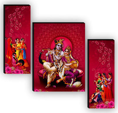 saf Set of 3 Radha Krishna Home Decorative Gift Item Self Adeshive UV Textured Digital Reprint 12 inch x 9 inch Painting(Without Frame, Pack of 3)