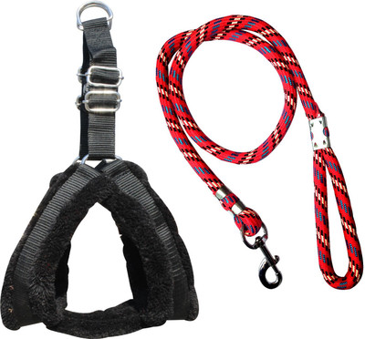 S.Blaze Dog Belt Combo of 1 inch Black Fur Padded Dog Body Harness with Red Lead Specially for Medium Breeds Dog Harness & Leash(Medium, 1 inch Black Fur Harness & Red Lead)