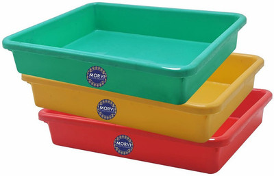 Morvi Rectangular Shape Exel Small Multipurpose, Red Yellow Green Tray(Pack of 3, Microwave Safe)