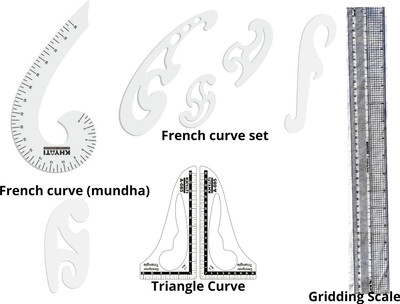KHYATI Designing French Curves- Set of 9 curves-1 pc of French curve 6 shape with marking (36 cm) and 4 pcs of accurate French curve with inking edges (without marking), 1 pc of French curve (mundha) and 2 pcs of triangle curve and 1 pc of Gridding scale (45 cm)- Tailoring scales/ tailoring material