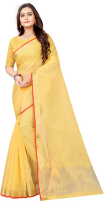 poonam s tex Solid/Plain Bollywood Cotton Silk Saree(Yellow)