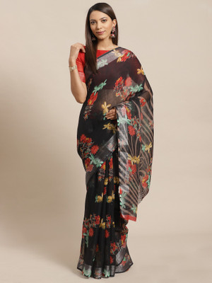 Ratnavati Floral Print Bollywood Silk Blend Saree(Black)