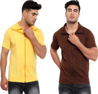 Jaskart Solid Men Polo Neck Brown, Yellow T-Shirt