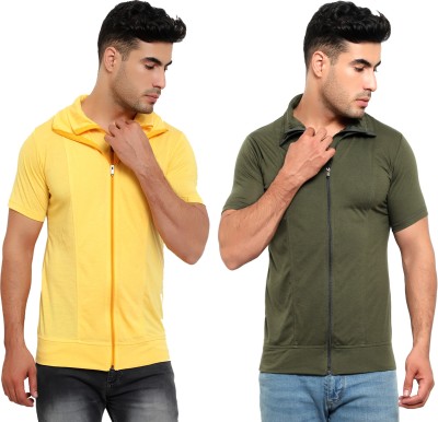 Jaskart Solid Men Polo Neck Dark Green, Yellow T-Shirt