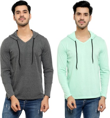 Bribzy Solid Men Hooded Neck Light Blue, Grey T-Shirt