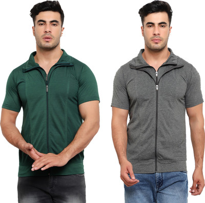 Jaskart Solid Men Polo Neck Dark Green, Grey T-Shirt