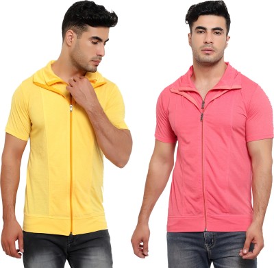 Jaskart Solid Men Polo Neck Pink, Yellow T-Shirt