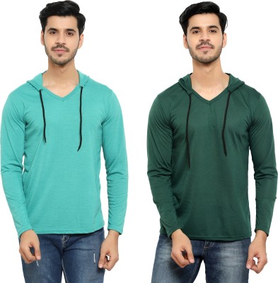 Bribzy Solid Men Hooded Neck Dark Green, Light Blue T-Shirt