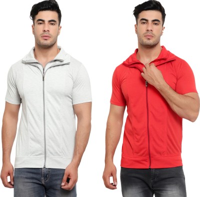 Jaskart Solid Men Polo Neck Red, Grey T-Shirt