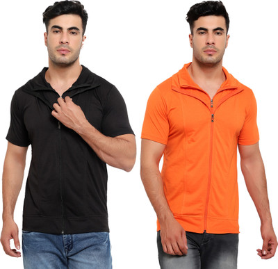 Jaskart Solid Men Polo Neck Black, Orange T-Shirt
