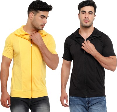 Jaskart Solid Men Polo Neck Black, Yellow T-Shirt