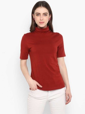 colourconcept Solid Women High Neck Maroon T-Shirt