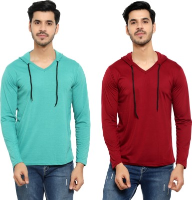 Bribzy Solid Men Hooded Neck Maroon, Light Green T-Shirt