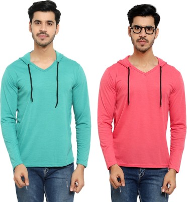 Bribzy Solid Men Hooded Neck Light Blue, Pink T-Shirt