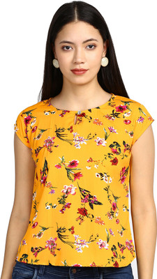 Nature Craft Casual Short Sleeve Printed Women Yellow Top