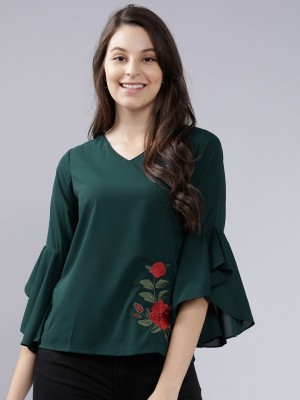 Tokyo Talkies Casual 3/4 Sleeve Solid Women Dark Green Top