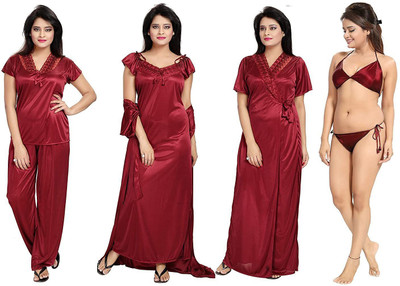 3SIX5 Women Nighty Set(Maroon)