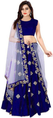 JANVI CREATION Solid, Embellished, Self Design Semi Stitched Lehenga Choli(Dark Blue)