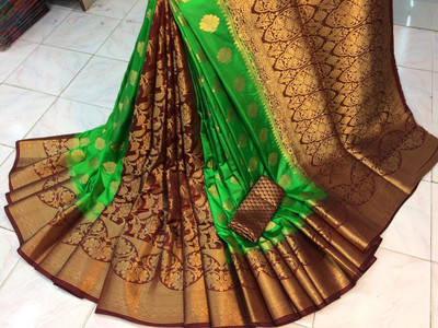 Devkinanndan Woven Kanjivaram Silk Blend, Nylon Saree(Green)