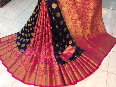 Devkinanndan Woven Kanjivaram Silk Blend, Nylon Saree(Dark Blue)
