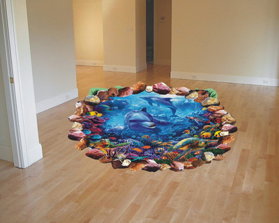Varadvinayak 59 cm Sea level and dolphin in the pond, large self adhesive floor sticker Self Adhesive Sticker(Pack of 1)