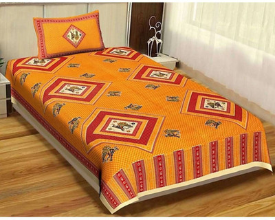 E ELMA 104 TC Cotton Single Printed Flat Bedsheet(Pack of 1, Orange)