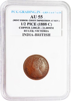 ANTIQUEWAY PCG GRADED AU55 1/2 PICE 1888(C) VICTORIA EMPRESS MINT ERROR:GHOST IMPRESSION AT REV. BRITISH INDIA ERROR COIN Medieval Coin Collection(1 Coins)