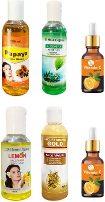 24 Hours Organic 2 Vitamin C Serum (2*30 ML)::1 Papaya Face Wash (100 ML)::1 Aloe Vera Neem Tulsi Face Wash (100 ML)::1 Gold Face Wash (100 ML)::1 Neem Tulsi Face Wash (100 ML)(6 Items in the set)