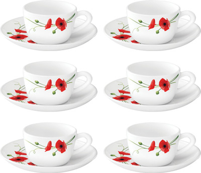 Larah by Borosil Pack of 12 Opalware Red Carnation(White, Cup and Saucer Set)
