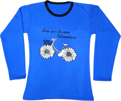 Indistar Girls Printed Wool Blend Regular T Shirt(Blue, Pack of 1)