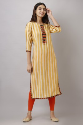 Pankvi Women Striped Straight Kurta(Yellow)