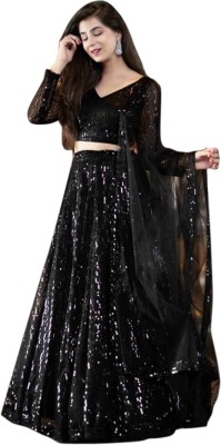 OPOSITIVE Embroidered Semi Stitched Lehenga Choli(Black)