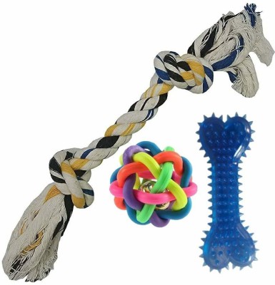 Pet Needs Combo of 3 Toys for Small Puppy-2 Knot Cotton Rope ,Rainbow Ball (S) Bone Cotton Chew Toy For Dog & Cat
